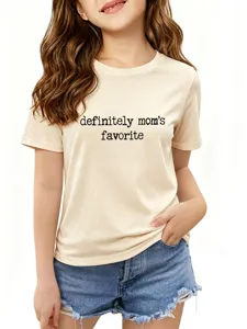 Close-up detail of children casual short sleeve t-shirt with funny quote print and denim shorts.