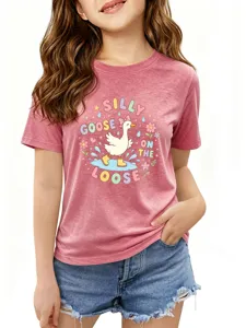 Kids silly goose graphic tee casual short sleeve round neck pink t-shirt children