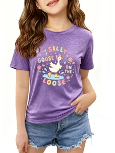 Children's purple crewneck short-sleeve T-shirt featuring a cute silly goose graphic print.