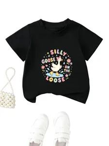 Kids casual black short sleeve t-shirt featuring a cute silly goose graphic print detail.