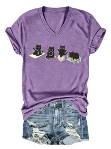 T-shirt violet col V manches courtes imprimé yoga chats noirs mignons haut décontracté