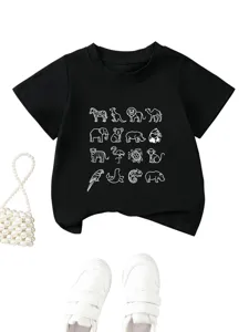 Schwarzes Kinder T-Shirt mit kurzen Ärmeln und niedlichem Tier-Linienkunst-Print.