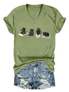 Joli t-shirt à col V et manches courtes avec imprimé chat yoga pour femmes mode été.