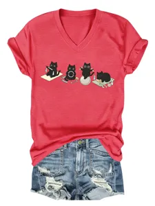 Joli t-shirt rouge femme col V manches courtes imprimé chats yoga style été mignon