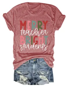 T-shirt casual da donna a maniche corte e collo rotondo con stampa di lettere per insegnanti.
