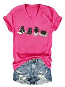 Joli t-shirt rose col V pour femme avec imprimé chat noir yoga et manches courtes