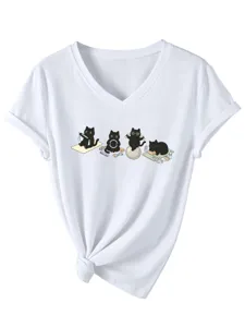 Joli t-shirt blanc à manches courtes col V pour femme imprimé chats yoga d'été tendance.