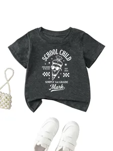 Kids dark gray short sleeve t-shirt with funny school graphic print, casual cotton wear.