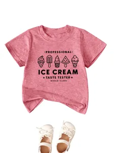 Comoda maglietta rosa per bambini con stampa grafica di gelato e maniche corte morbide.