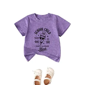 Purple short sleeve kids t-shirt with school child graphic and cute white sandals.