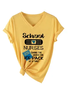 Maglietta a maniche corte con scollo a V, t-shirt grafica gialla casual per donna.