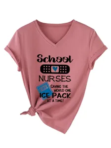 Donne Infermiere Scolastiche Collo V Manica Corta Stampato T-Shirt Grafica Top
