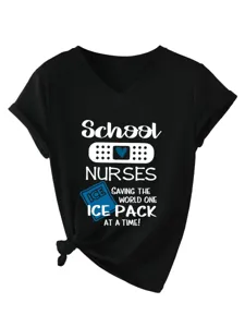 Donna Scollo V Manica Corta Casual T-Shirt Infermiera Grafica Top Nero Moda Casual