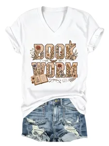 T-Shirt Femme Col V Manches Courtes Casual Fleurs Book Worm Graphique Tee Été Haut