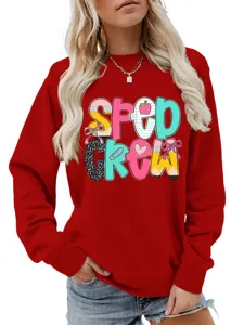 Damen Freizeit Rundhals Langarm Sweatshirt mit süßem sped crew Grafikdruck rotes Top.