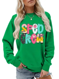 Grüner Damen Rundhals Langarm Sweatshirt lässiger bequemer Pullover Top mit Grafikdruck.