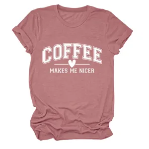 T-shirt femme décontracté à manches courtes et col rond avec imprimé café amusant.