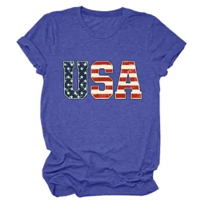 Γυναικείο μπλε κοντομάνικο t-shirt casual usa σημαία γράμμα τύπωμα στρογγυλή λαιμόκοψη τοπ.