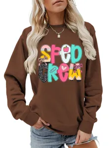 Nahaufnahme Detailansicht des braunen Sweatshirts mit dem farbigen Grafikdruck vorne.