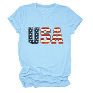 Γυναικείο casual κοντομάνικο t-shirt με στρογγυλή λαιμόκοψη και τύπωμα USA.