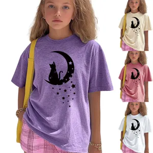 Close-up detail of the cat on crescent moon graphic print on the soft cotton blend tee.