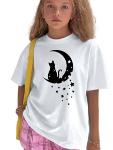 Kids white short sleeve t-shirt featuring a cute black cat moon star graphic design detail.