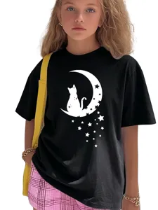 Kids black short sleeve t-shirt featuring cute moon and cat graphic print detail top.