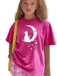 Close-up detail showing the cute cat and moon graphic on the vibrant pink t-shirt.