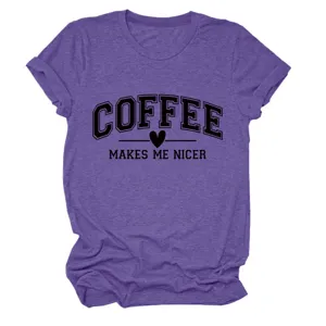 T-shirt violet a manches courtes pour femme avec imprime graphique de cafe decontracte.