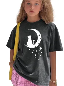 Details of the dark grey kids t-shirt featuring cute moon cat and stars print design.