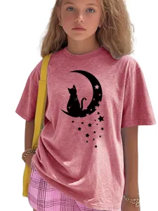 Cute cat moon print kids short sleeve t-shirt pink casual top detail view closeup.