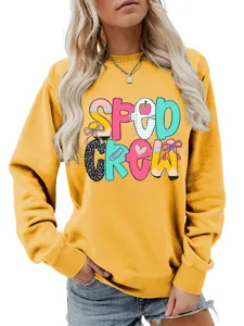 Lässiger gelber Damen Pullover mit Rundhalsausschnitt und tollem Buchstaben Druck Design.