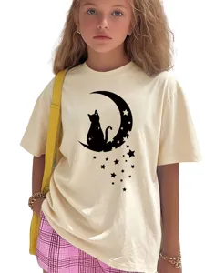 Kids cute cat and moon print short sleeve t-shirt, casual beige crewneck top for summer.