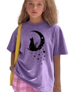 Stylish kids purple short sleeve t-shirt featuring cute cat moon and stars graphic design.