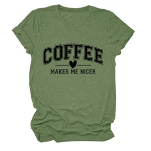 T-shirt femme vert imprimé lettres café décontracté manches courtes col rond haut d'été