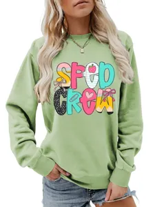 Damen lässiges grünes Sweatshirt mit Rundhalsausschnitt und buntem Druck für bequemen Alttag.
