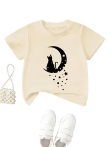 Kids beige short sleeve t-shirt featuring cute cat moon stars print, product detail view.