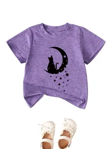 Cute purple heather cat moon graphic print short sleeve crewneck kids t-shirt detail view