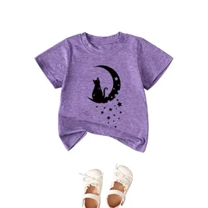 Toddler purple short sleeve t-shirt with cute cat moon stars graphic print and white shoes set.