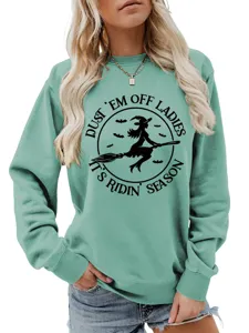 Damen lässiger langärmliger Rundhals-Sweatshirt mit einem lustigen Halloween-Hexen-Print.