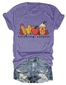 Women casual short sleeve round neck t-shirt featuring cute teaching season graphic print top.