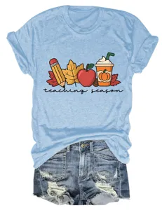 Women's casual round neck short sleeve T-shirt with cute autumn teaching season graphic.