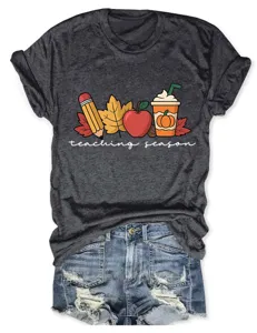 Women casual short sleeve crewneck t-shirt featuring cute teacher autumn graphic print.