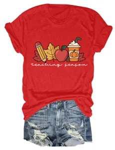 Women Short Sleeve Tee Casual Fall Teaching Season Graphic T-Shirt Denim Shorts Outfit