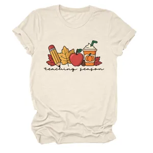 Women casual crewneck short sleeve t-shirt beige teaching season graphic tee top