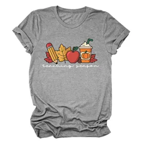 Women's gray short sleeve t-shirt casual crewneck tee with cute autumn teaching season graphic.