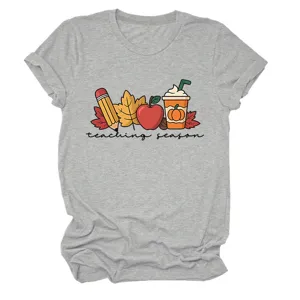 Casual women grey short sleeve T-shirt with cute teaching season autumn graphic print.