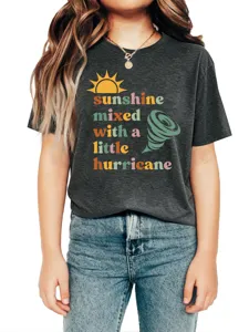 Detail view of casual dark gray short sleeve t-shirt with sunny hurricane graphic print.