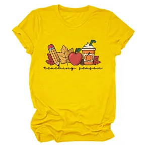 Casual yellow short sleeve t shirt for women featuring cute teaching season graphic print design.
