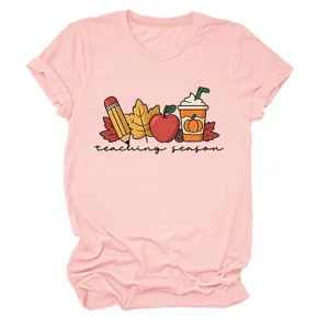 Women Casual Round Neck Short Sleeve T-Shirt Teaching Season Autumn Graphic Tee Top